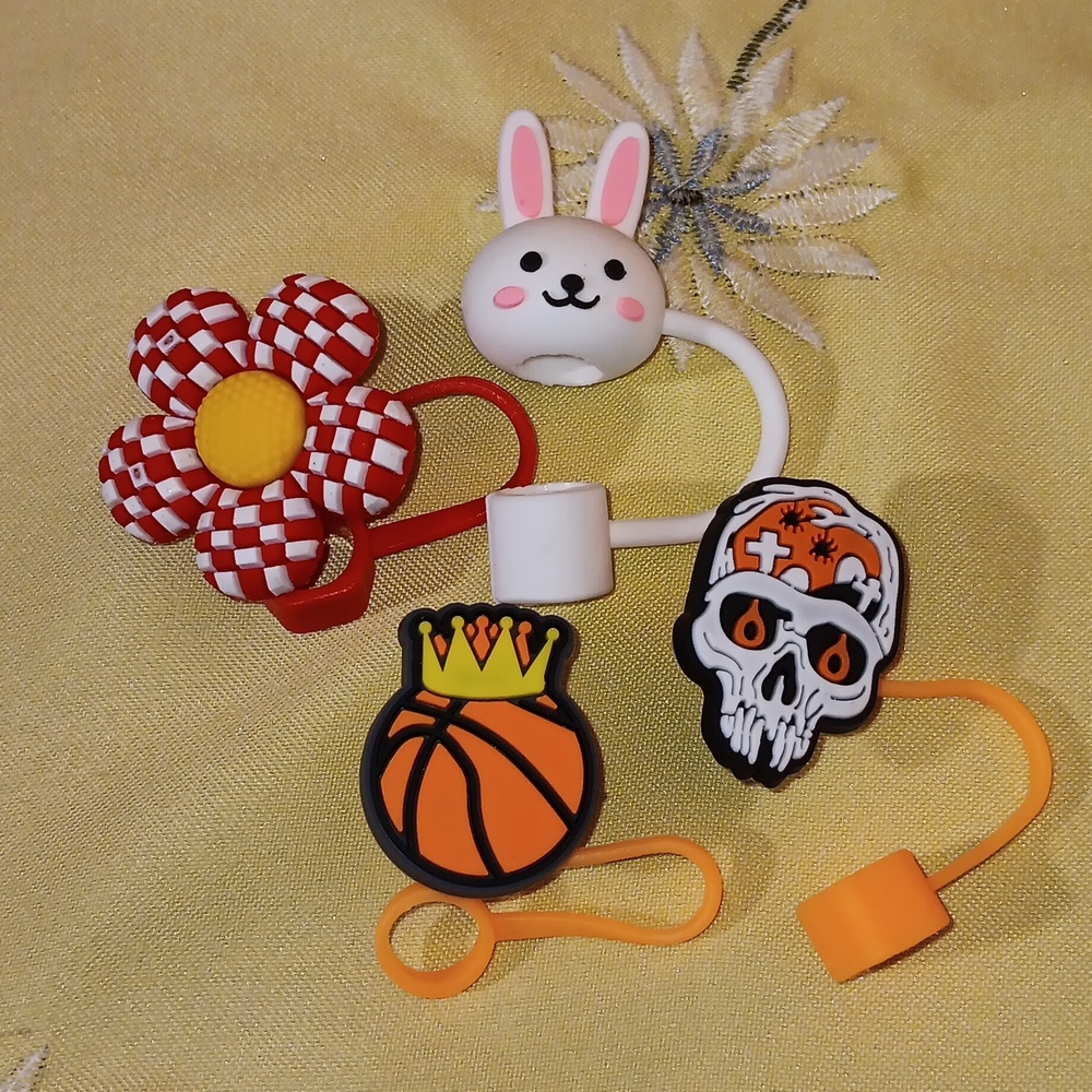 Stanley 10MM Straw Toppers 4   Pack (#9) Flower, Bunny, Skull, Basketball